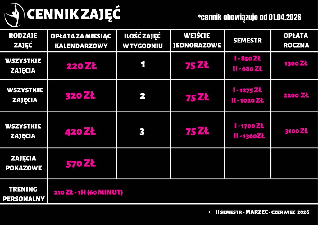 cennik zajęć w szkole SK Talent