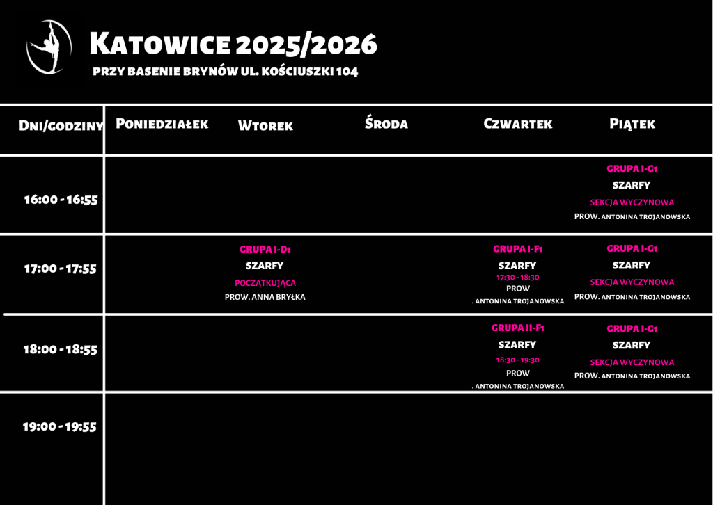grafik zajęć SK Talent na szarfach z elementami gimnastyki na basenie Brynów w Katowicach ul. Kościuszki 104
