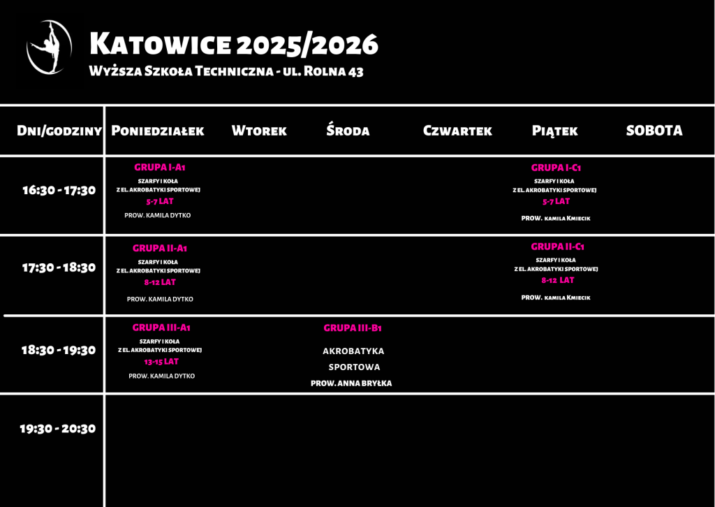 grafik zajęć SK Talent na szarfach i kołach Akademia Śląska ul. Rolna 43 w Katowicach