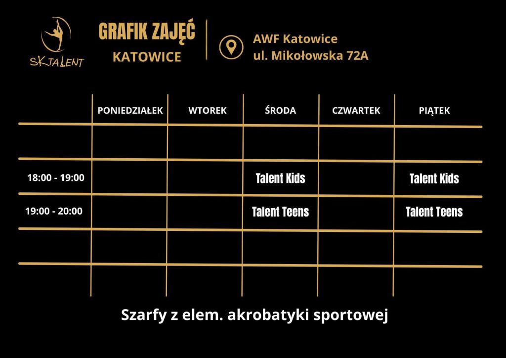 grafik zajęć SK Talent na szarfach z elementami akrobatyki sportowej na AWF Katowice, ul. Mikołowska 72a