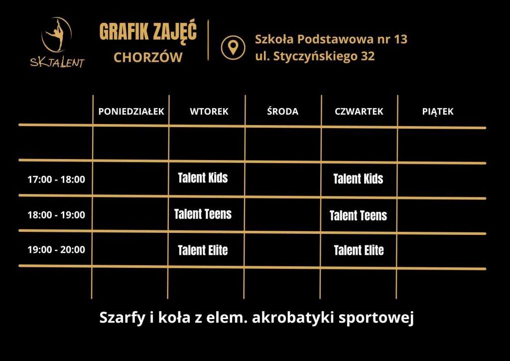 grafik zajęć SK Talent na szarfach i kołach w Chorzowie w SP 13 ul. Styczyńskiego 32