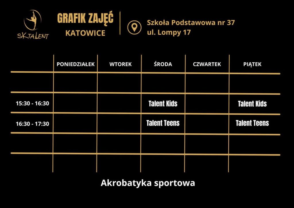 grafik zajęć SK Talent akrobatyka sportowa w SP nr 37 w Katowicach, ul. Lompy 17