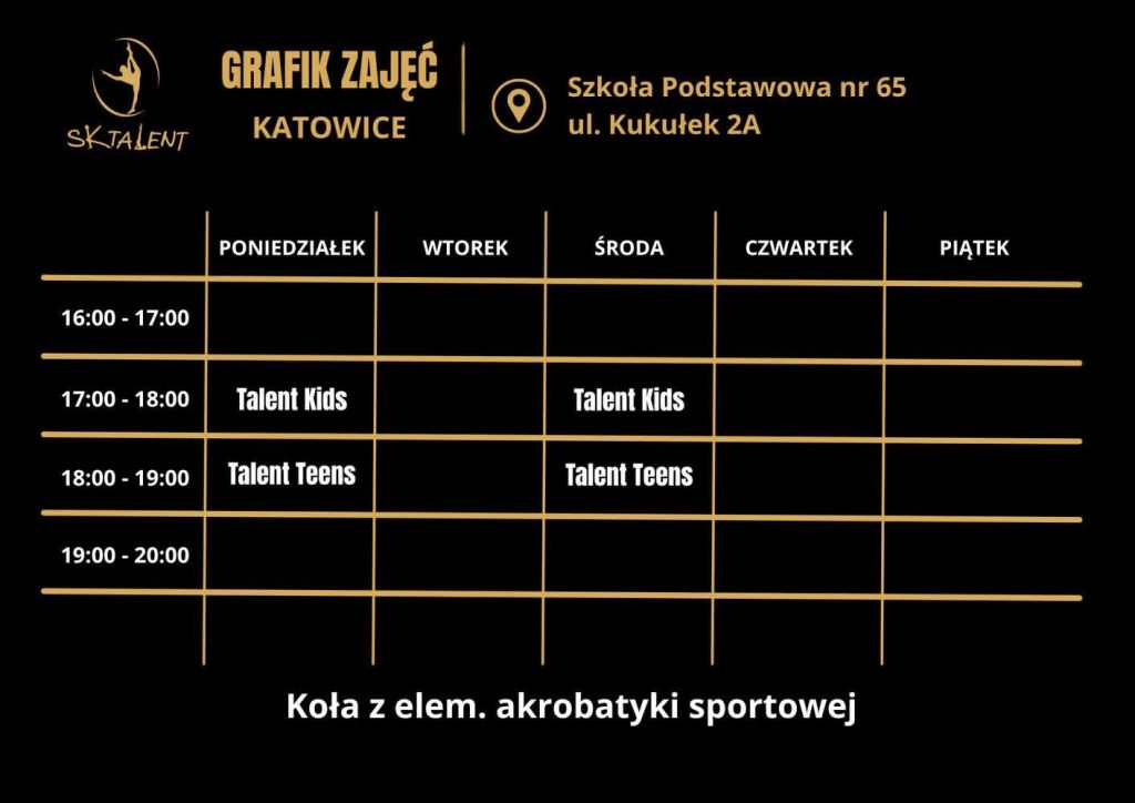 grafik zajęć SK Talent na kołach z elementami akrobatyki sportowej w SP nr 65 w Katowicach, ul. Kukułek 2a
