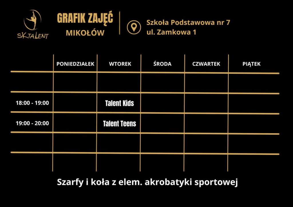 grafik zajęć SK Talent na szarfach i kołach z elementami akrobatyki sportowej w Mikołowie