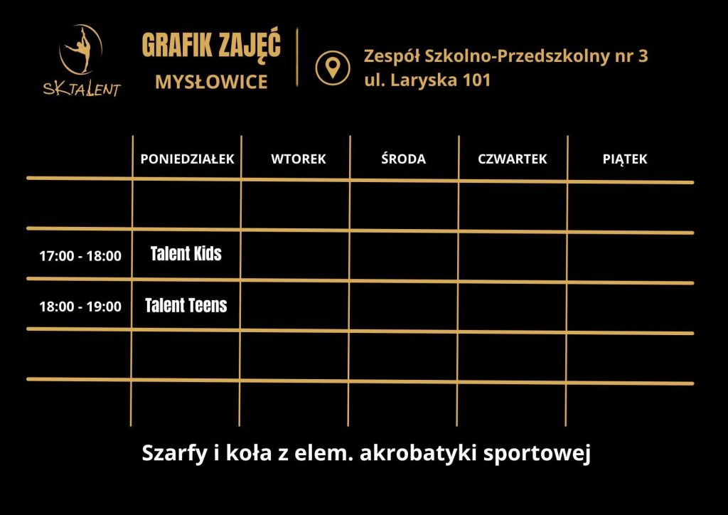 grafik zajęć SK Talent na szarfach i kołach z elementami akrobatyki sportowej w Mysłowicach