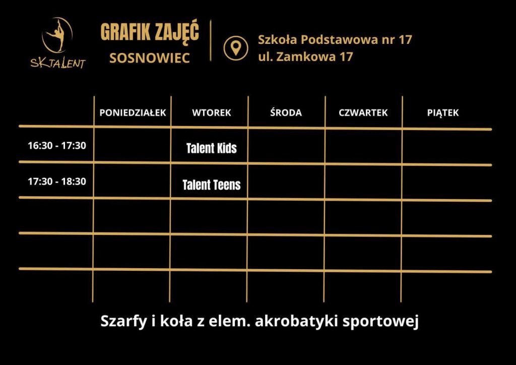 grafik zajęć SK Talent na szarfach i kołach z elementami akrobatyki w Sosnowcu, ul. Zamkowa 17