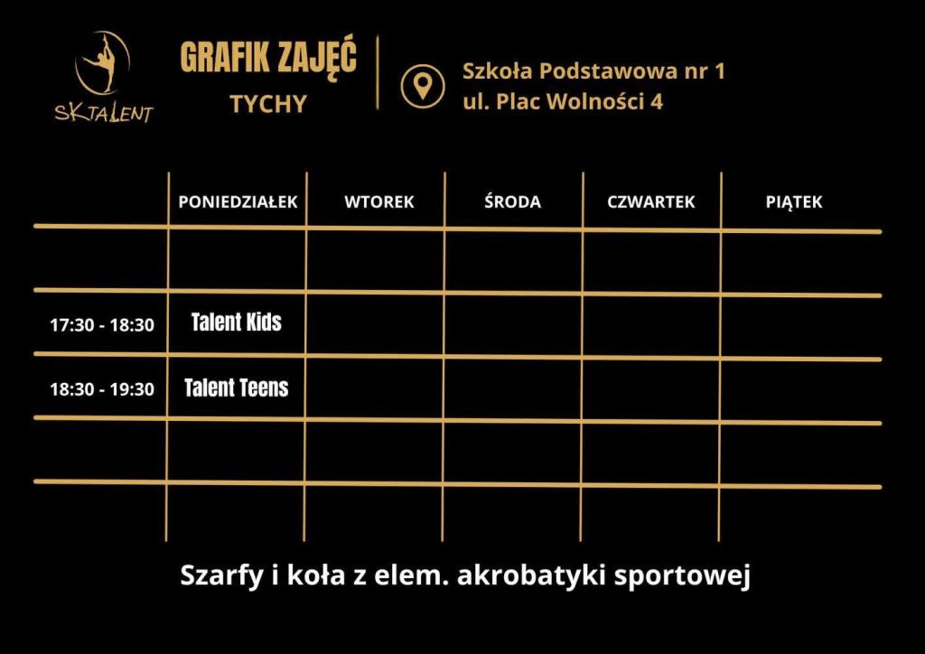 grafik zajęć SK Talent na szarfach i kołach z elementami gimnastyki sportowej w Tychach